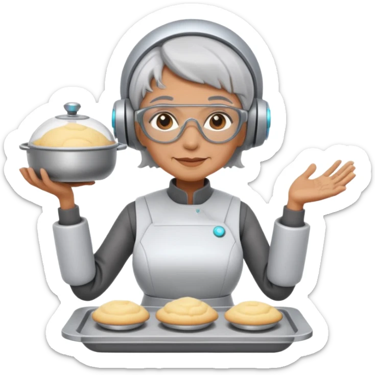 Portrait of a futuristic grandma wearing a sleek kitchen robot suit, mechanical arms mixing dough and holding trays, high-tech baking lab, emoji-style sticker