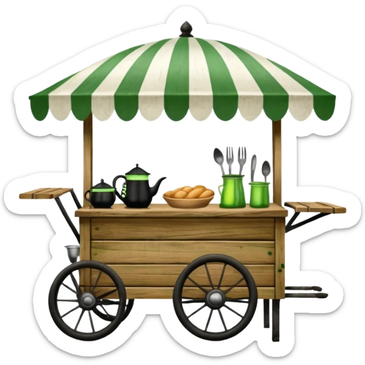 wooden food cart with green and white striped canopy, green flag with fork and knife, black lantern, kitchen utensils inside sticker