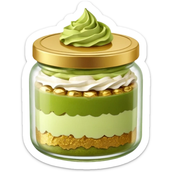 A small round glass jar with a gold lid, filled with layered dessert: creamy white base, green matcha layer in the middle, and a crunchy topping on top.

 sticker