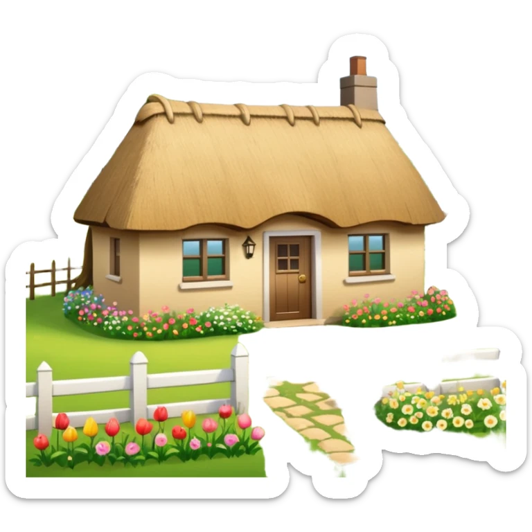 A countryside cottage with a thatched roof, wooden door, flowers around the house, green fields, peaceful rural scenery, natural lighting, detailed and realistic sticker