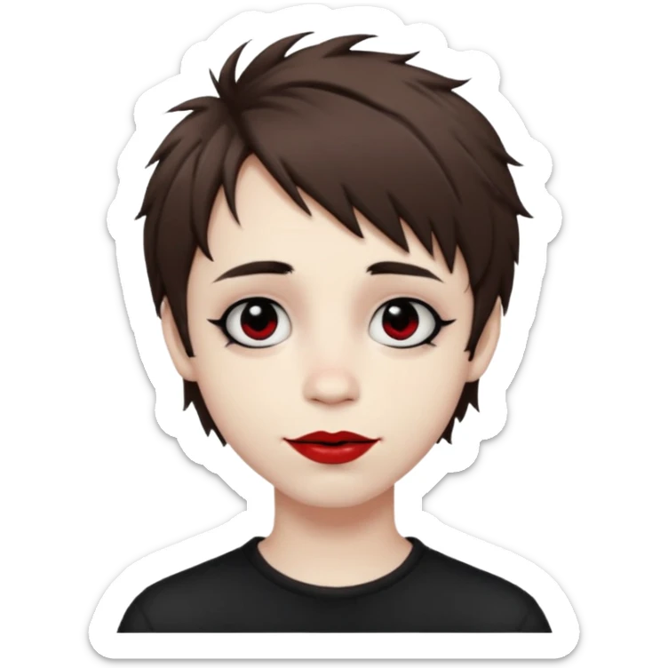 Happy pale Goth boy with shaggy brown hair, and messy black eyeliner , smudged, red, lipstick  sticker