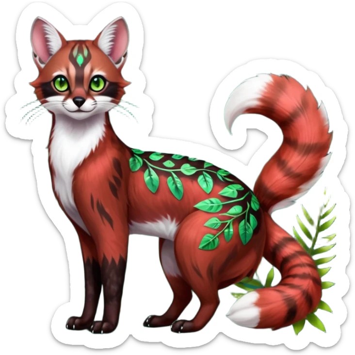 Colorful dark tropical sanguine-red, black, white fur, with green eyes, iridescent glorious divine exotic cute cool beautiful shiny beautiful floral fantasy-caracal-civet-genet-sergal-vernid-Cacomistle-oncilla-animal-Fakémon-hybrid-fursona with pattern markings (full body) sticker