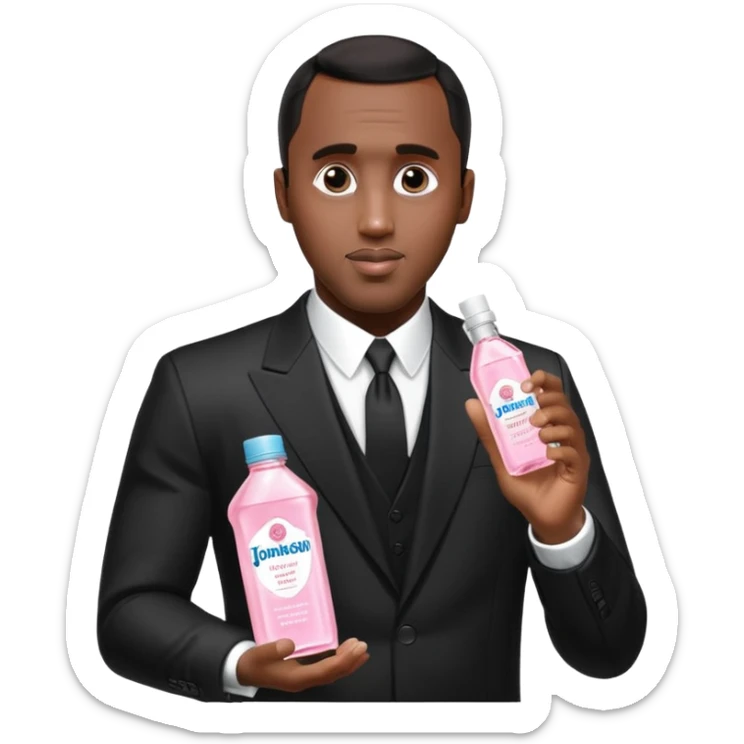 A realistic product shot of a transparent bottle of Johnson’s Baby Oil by Johnson & Johnson, featuring a soft pink label. The oil inside is crystal clear and glossy. Sean "Diddy" Combs in black suit is holding the bottle sticker