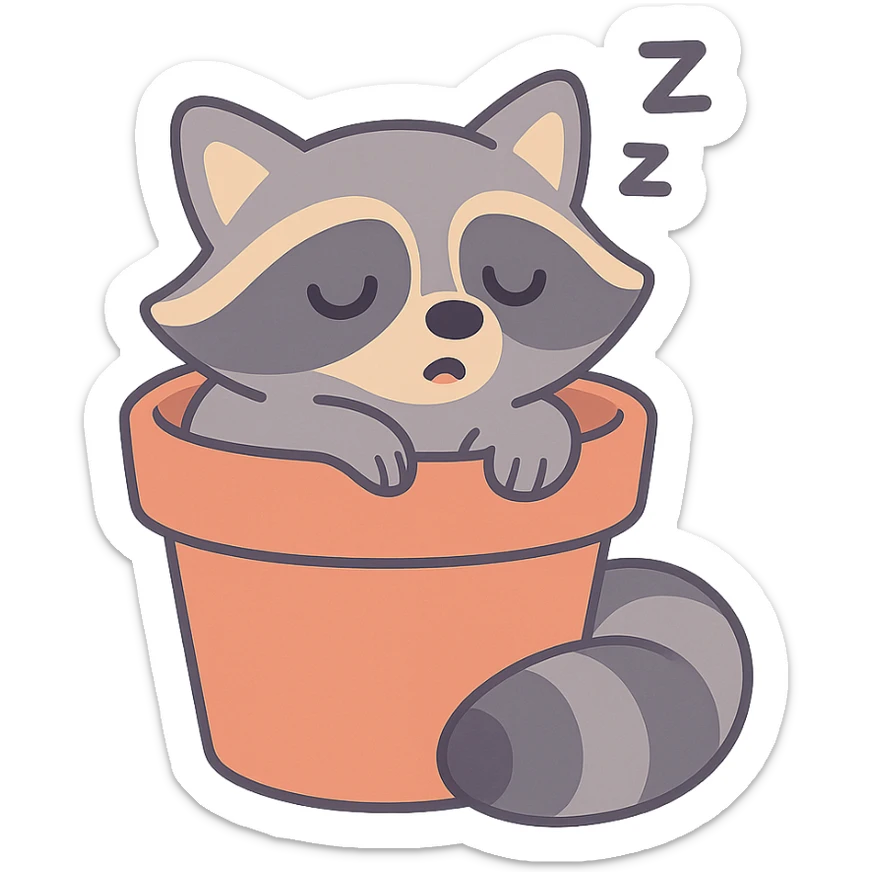 sleepy raccoon inside a flower pot, pastel earthy colors, pastel toon style sticker