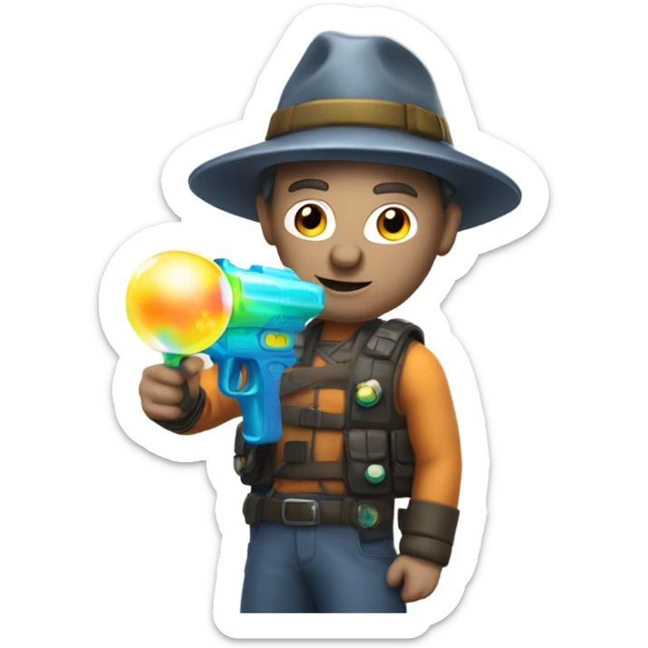 Caucasian man in glowing gear with mask and hat and shooting a bubble gun sticker