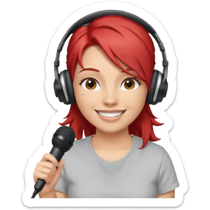 Female, happy, wearing headphone having mic, t-shirt, red hair
 sticker
