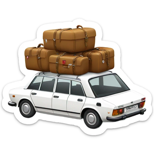 a white peugeot 504 break with few luggage on the roof sticker