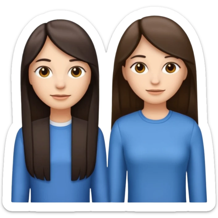 generate me emojis of sisters, one should look older, the other younger. the older one has dark brown hair, long, straight, the younger one is slightly lighter, also straight, long. clothes are any in principle, the main thing is that they more or less look like each other sticker