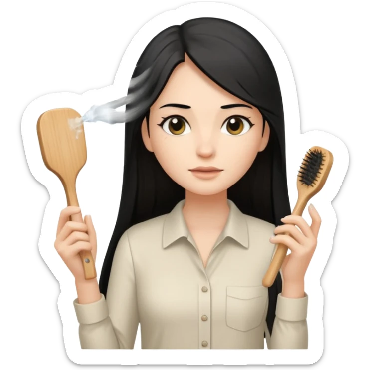 A white woman with long, straight black hair, wearing an ivory-colored shirt, holding a small square wooden paddle hairbrush in her left hand and spraying a hair mist bottle with her right hand toward her hair. sticker
