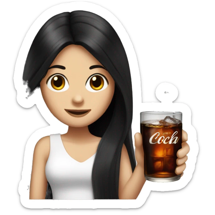 A white girl with long black hair holding a bourbon and Coke sticker