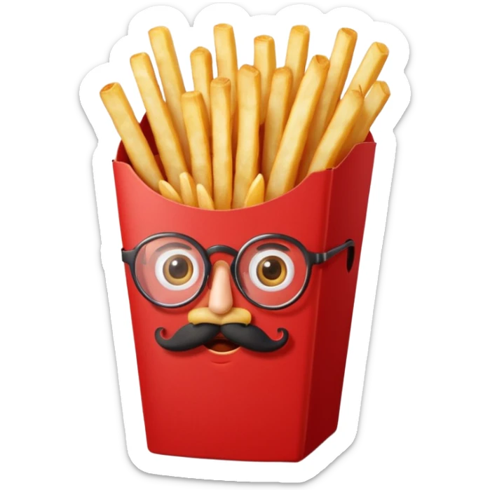 long slim crispy fries in a red carton, carton has eyes and mustache and glassess sticker
