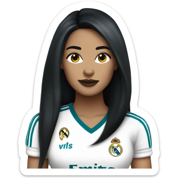 Femme fatale with long straight black hair wearing a Real Madrid jersey sticker