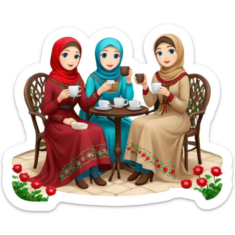 Turkish beautiful finish Konya girls blue eyes with Beautiful red green floral hijab long tail dress and this two friends sit in a lovely garden on the chair on the ground and holds cup coffe with her hand  sticker