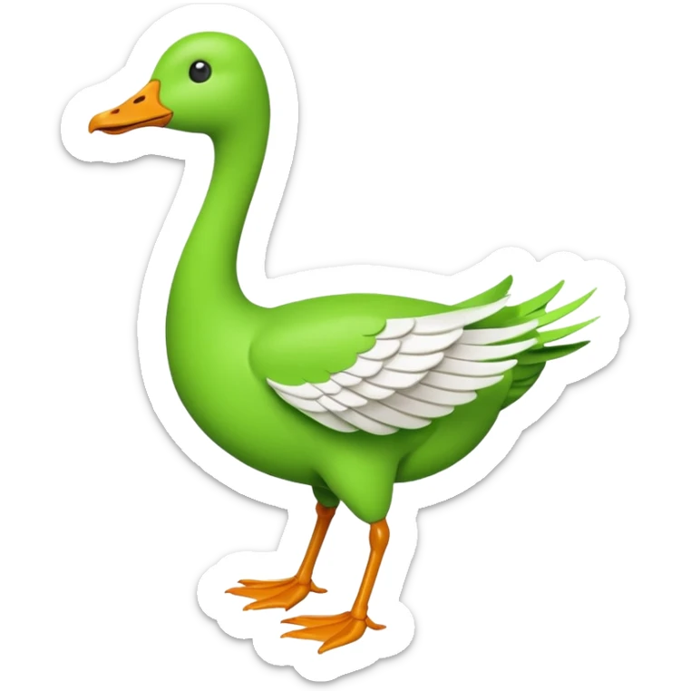 Emoji of a running goose with a very long neck and two legs. Use 🪿 shape but color it bright green (#39C700). The wings must be pressed tightly against the body, fully folded with no gap or spread. Do NOT show wings flapping or extended sticker
