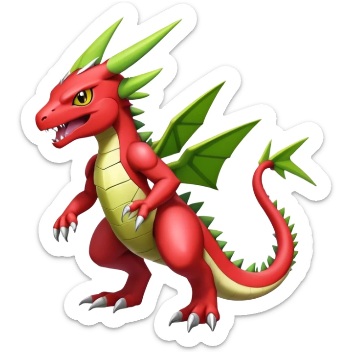 Cool edgy cute shiny futuristic Guilmon-Flygon-Tyranitar-Digimon-hybrid-fusion, yellow belly, full body sticker