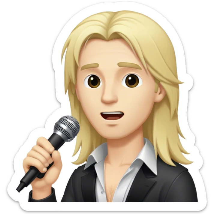 close up side view head of a male blond rock singer with long hair singing into microphone sticker