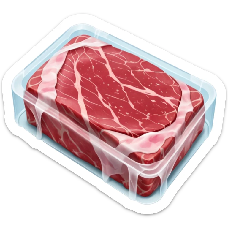 single raw meat cut steak or filet wrapped in thin layer of frosty plastic film with visible ice crystals slightly opaque surface pink to red meat with subtle marbling stiff edges frozen solid no tray no label no extras soft lighting subtle shadows emoji scale sticker