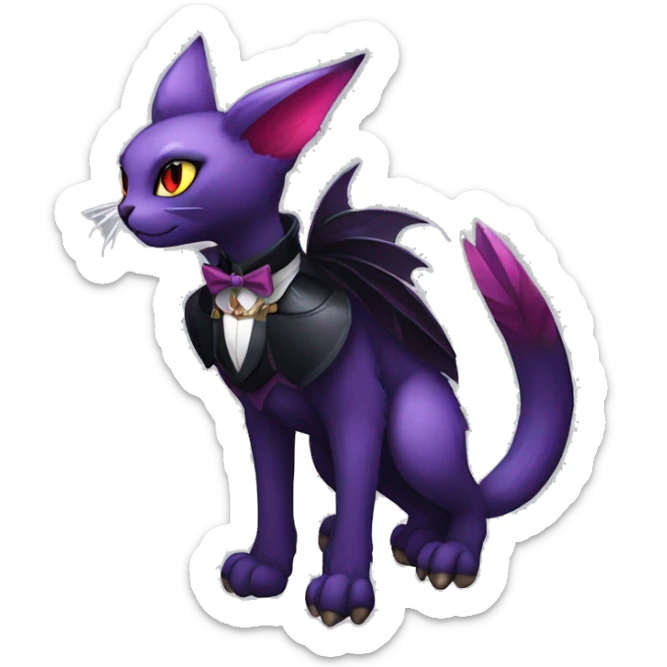 cool cartoon kawaii black purple red ethereal fantasy beautiful elegant nargacuga-Noivern-cat-Fakemon collar harness bow tie and bracers full body sticker
