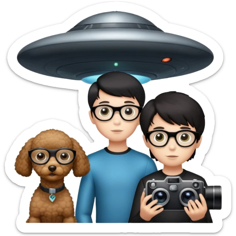 A little boy with straight black medium-length hair, white skin, and black eyes wearing black-framed glasses is taking photos on a UFO with a camera. Beside him, there is an alien and a brown round-headed poodle. sticker