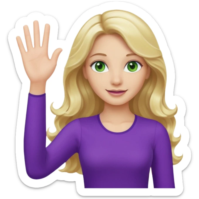 lady with long wavy blonde hair, purple top, green eyes, waving hello sticker
