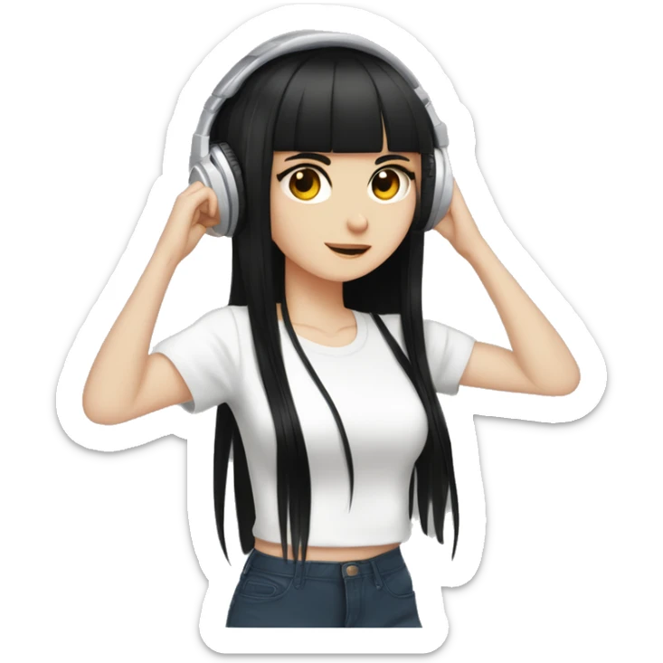 light-skinned girl, 1girl, dark hair, long black hair, bangs, black eyes, blunt  black bangs, white shirt, hime cut, headphones, chillhop sticker