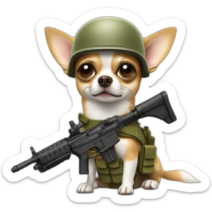 chihuahua with military helmet and a rifle on his hands sticker