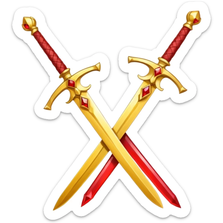 Two crossed swords that are golden in blade and handle and have fiery and royal appearence to them as well as red gem stones yellow in color sticker