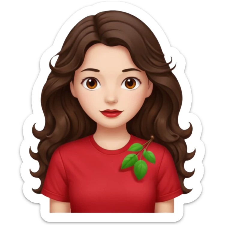 Brunette girl with long wavy hai length hair and blush, wearing cherry red tshirt sticker