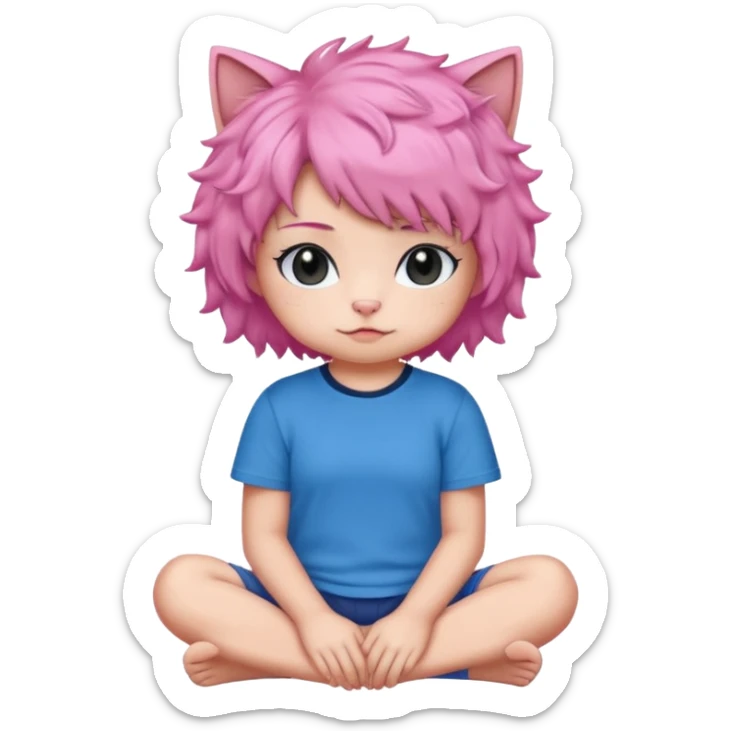 Black cat wearing a short curly pink hair wig, blue T-shirt sticker