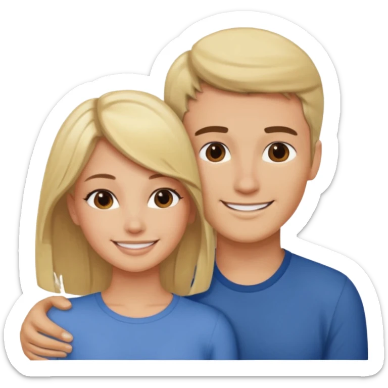A blonde woman and brunette man rest their heads on each other smiling  sticker