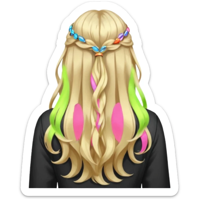 a girl facing backwards so that her hair is showing, long hair that is wavy. she has her hair in a style of half-up-half-down with a small claw-clip securing the hair of the head where the hair strands meet. hair is a platinum blonde color and dark blonde highlights.  sticker