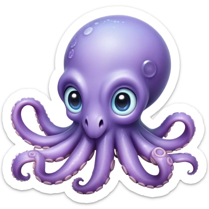 Cinematic Cute Baby Octopus Portrait Emoji, Head tilted slightly in a curious and endearing way, featuring a smooth, rounded light blue-purple body with enormous, sparkling eyes filled with warmth and innocence, delicate tentacles curling playfully, Simplified yet irresistibly adorable features, highly detailed, glowing with a soft, dreamy marine glow, high shine, affectionate and gentle, stylized with a touch of whimsical deep-sea charm, soft glowing outline, capturing the essence of a tiny, inquisitive octopus that looks ready to gently drift into your heart! sticker