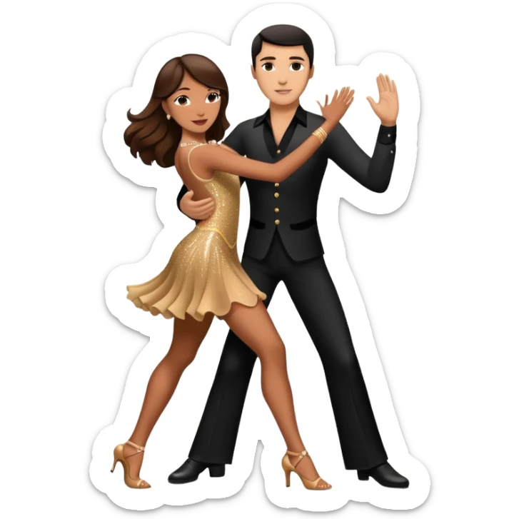 Photorealistic dancesport professional latin couple dancing the rumba at the competition dancefloor, the women is in skinny sparkly dress, the women has brown very long hair, the man has short black hair, the man hold woman's hand by his one hand and his second hand is on the women's waist  sticker