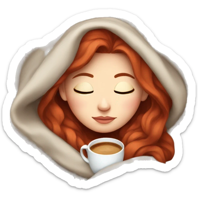 white girl with red hair inside a blanket sipping coffee eyes closed sticker