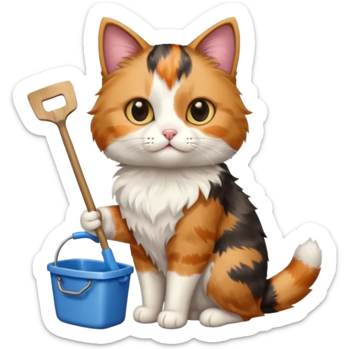 A very cute cat holding a toilet shovel, a litter box beside it sticker