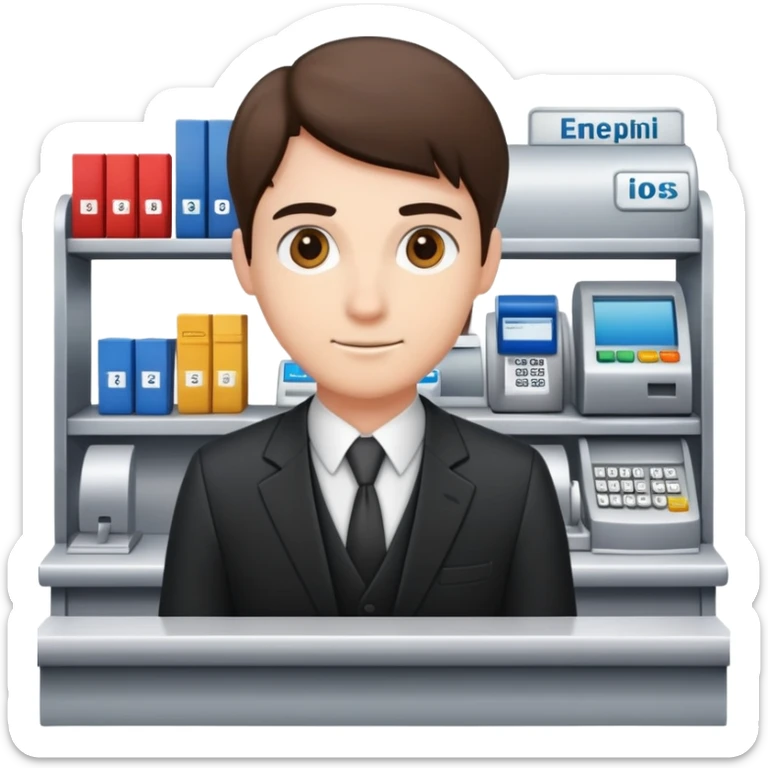 Professional bank clerk in formal attire standing behind a counter sticker