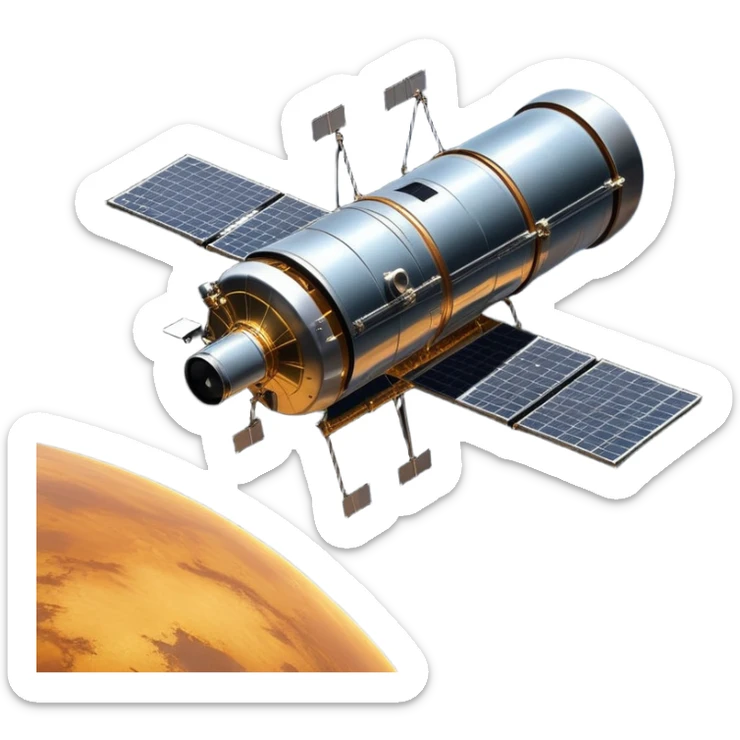 cinematic-realistic-hubble-space-telescope-emoji, an awe-inspiring, ultra-detailed depiction of the Hubble Space Telescope floating in space, its large, reflective metallic surface gleaming against the backdrop of the infinite blackness. The telescope's vast solar panels extend outwards, catching the light from distant stars, while its intricate, cylindrical body showcases advanced, precise engineering. The telescope's large, hexagonal lens is pointed towards the cosmos, surrounded by mechanical components, wires, and sensors. The detailed textures of the telescope’s metallic exterior, the shiny reflective coating, and the intricate grid-like solar panels are sharply contrasted against the void of space, with distant stars and nebulae faintly visible in the background, adding to the sense of scale and technological marvel; rendered with extreme realism and attention to detail. sticker