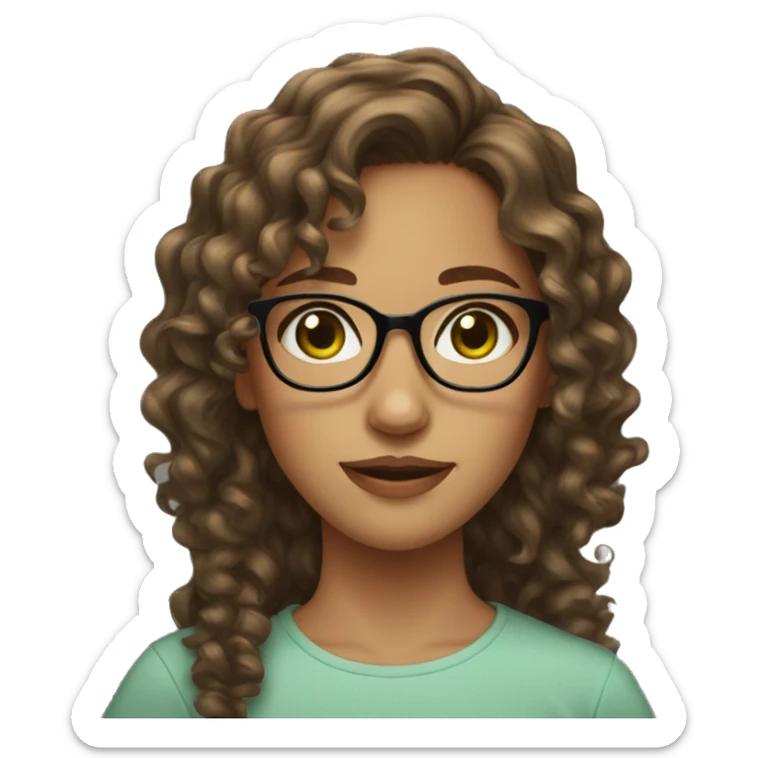 Girl green eyes wavy curly brown long short hair glasses down on nose  sticker