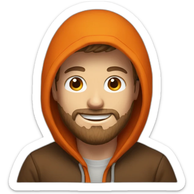 white dude smiling with a brown beard and short brown hair with an orange hooded hoodie with the hoodie letters "Posh" sticker