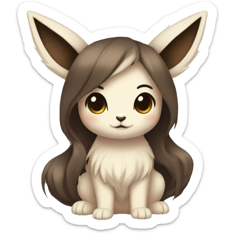 Kawaii Pale Eevee with dark brown long emo hair covering her eyes Full Body sticker