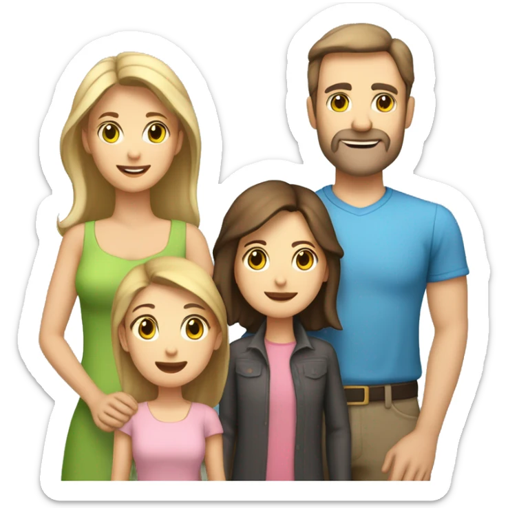 Family, brown haired mother, dad with dark receding hair, blonde daughter, brunette older brother with short beard and older sister with light brown hair, all Caucasian  sticker