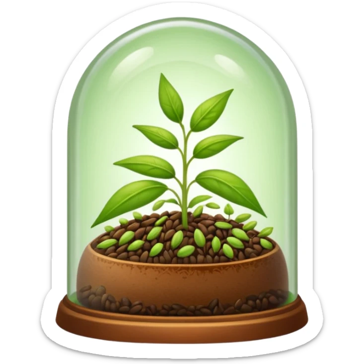 a pile of seeds at the right side and a germinating seed under a glass dome near . Transparent background sticker