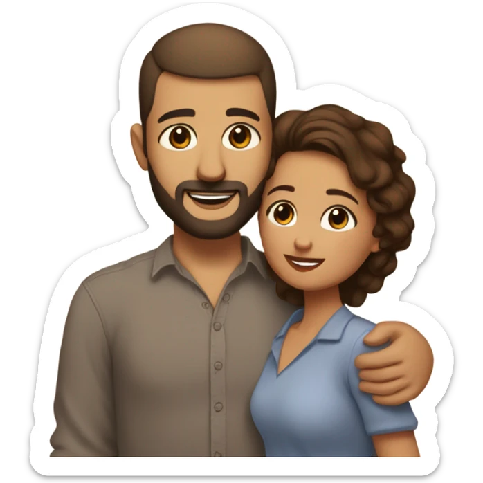 Brown-haired Puerto Rican woman with dark brown eyes wearing a cute blouse giving comforting hug to short, bald man with brown eyes, laugh lines, and a beard sticker