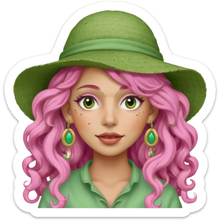 pink haired very long curly haired woman with full full face light green clay mask  and big earrings and hat with full face clay mask sticker