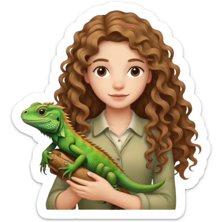girl with wavy/curly light brown long hair, holding an iguana  sticker