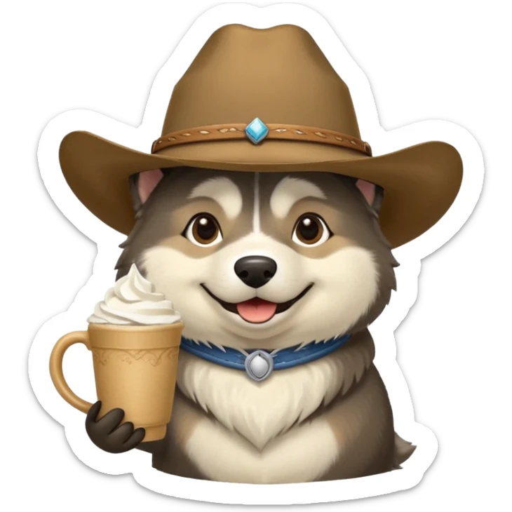 Agouti (more black and cream, some tan) Malamute dog wearing cowboy hat and smiling with cup of whipped cream sticker