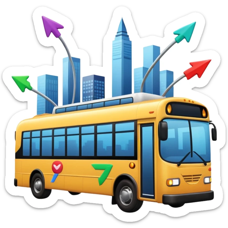 a modern bus at an angle with three colorful arrows pointing to city icons, Apple emoji style sticker