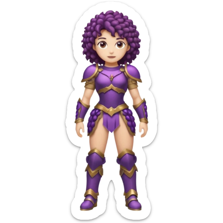 full body woman short curly brown mullet brown eyes white skin muscular build grape cluster armor outfit sticker