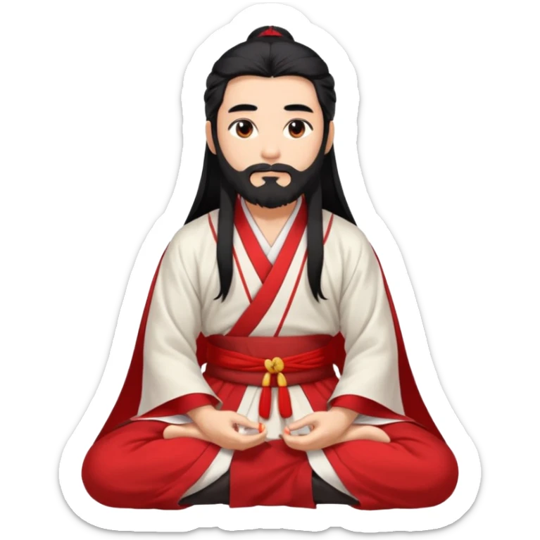 Beautiful man with lightly tan skin and dark long beard, long hair, in red and white Hanfu sitting on the ground sticker