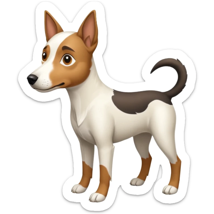 a full body large white parson russell looking dog the size of a kelpie with light brown flapped down ears and a light brown patch on one eye and a large snout sticker